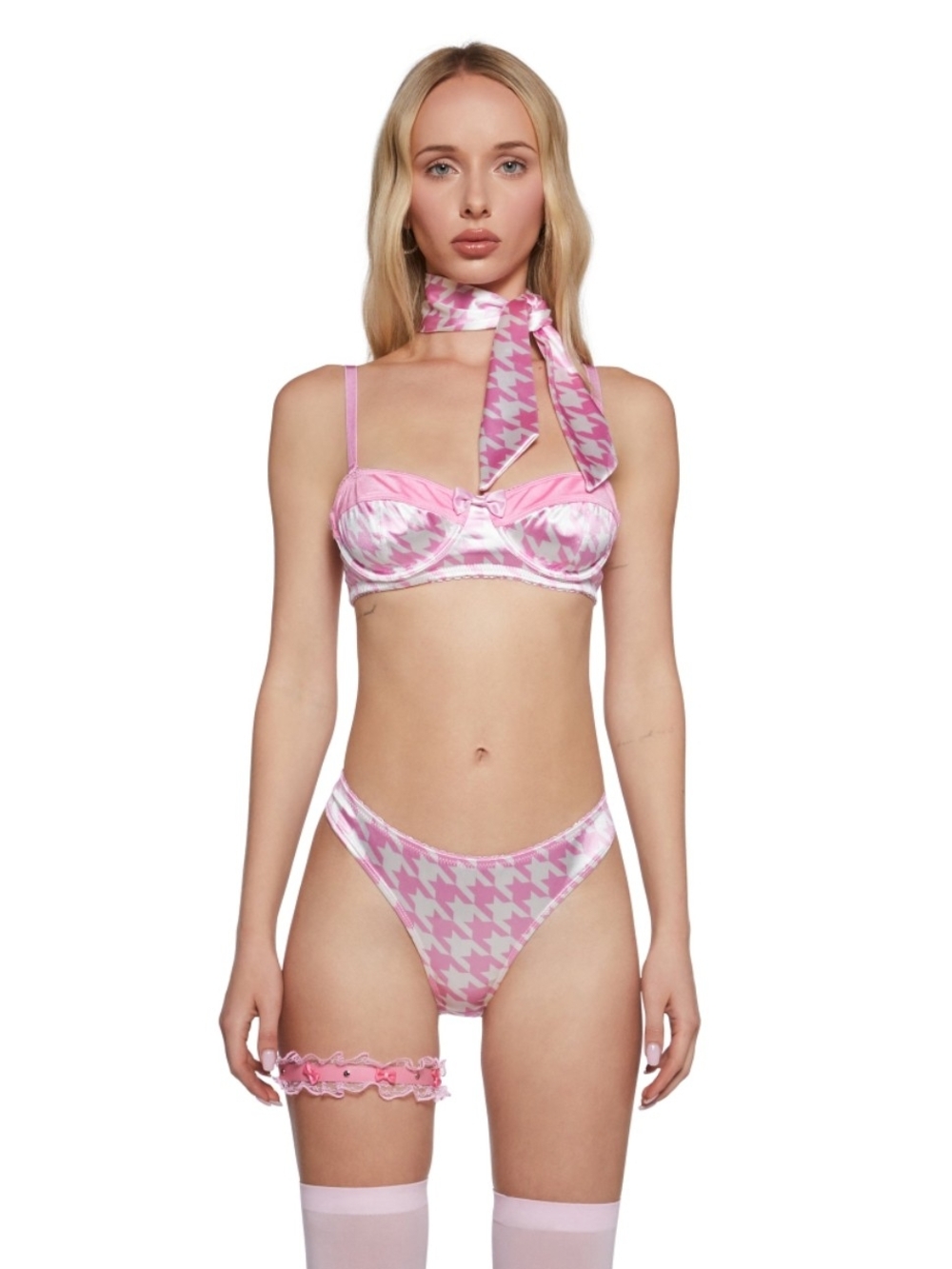 Sugar Thrillz Pink Houndstooth Satin Bra & Brief Set with Scarf